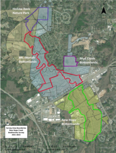 Satellite view of NC Biodiversity Project survey area of New Hope Creek, comprising Hollow Rock Nature Park, Mt. Moriah Bottomlands, Mud Creek Bottomlands, and New Hope Bottomlands, in southwest Durham, N.C.